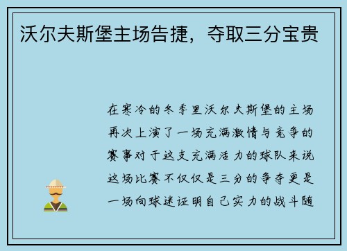 沃尔夫斯堡主场告捷，夺取三分宝贵