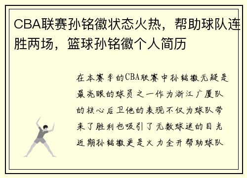 CBA联赛孙铭徽状态火热，帮助球队连胜两场，篮球孙铭徽个人简历