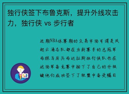 独行侠签下布鲁克斯，提升外线攻击力，独行侠 vs 步行者