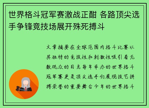 世界格斗冠军赛激战正酣 各路顶尖选手争锋竞技场展开殊死搏斗
