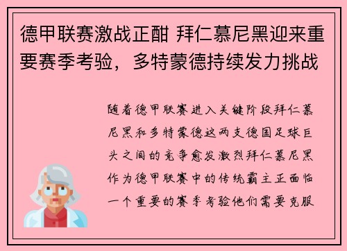 德甲联赛激战正酣 拜仁慕尼黑迎来重要赛季考验，多特蒙德持续发力挑战冠军