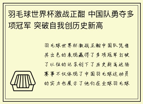 羽毛球世界杯激战正酣 中国队勇夺多项冠军 突破自我创历史新高
